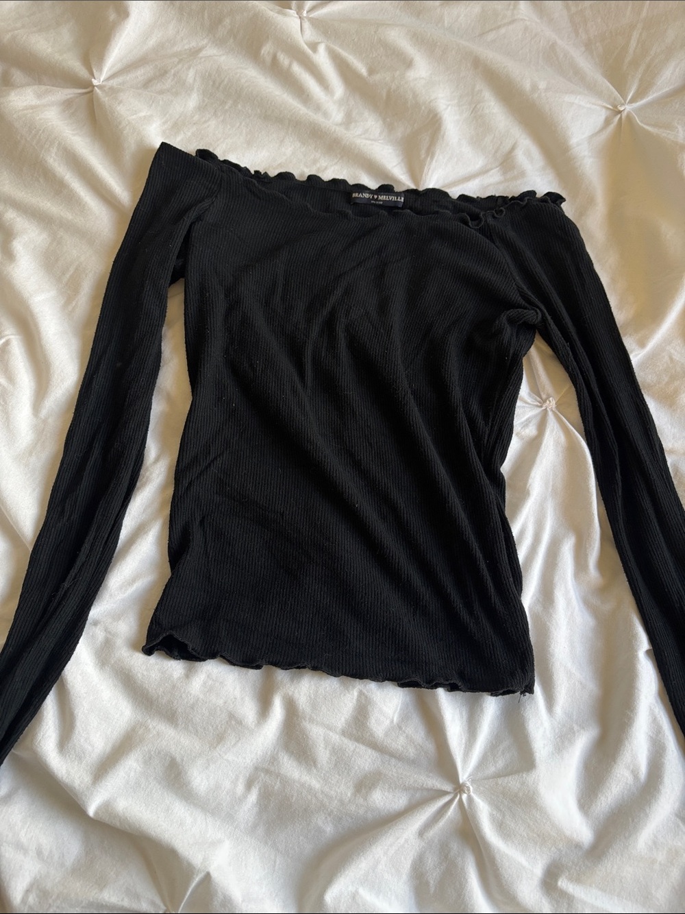 Brandy Melville Black Ribbed Off-Shoulder Long Sleeve Top